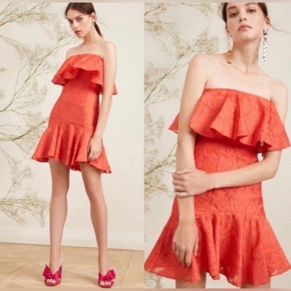 KEEPSAKE THE LABEL Red Ruffle Strapless Mini Dress Size Large Floral Jacquard - Picture 1 of 13